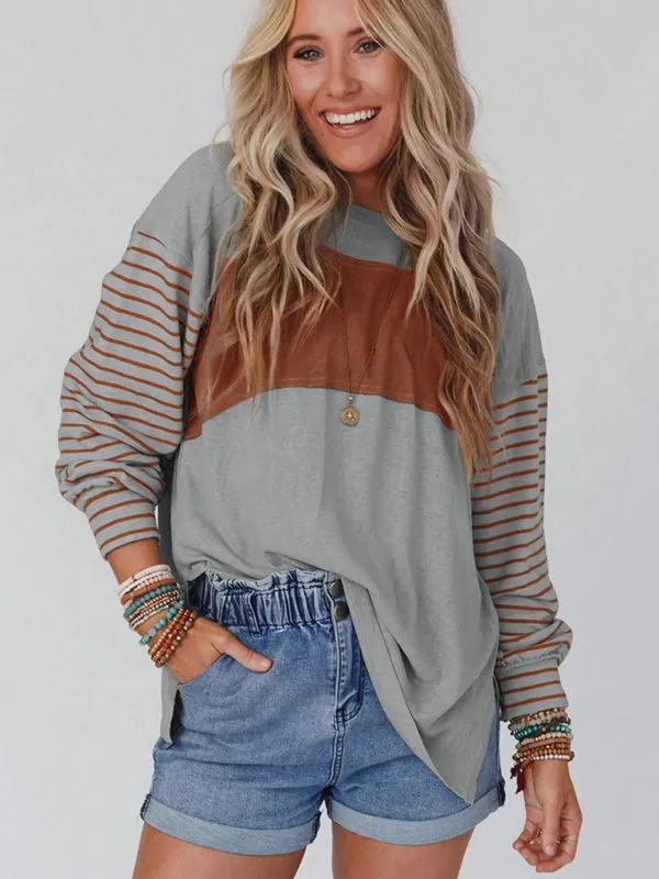 Calliope Pullover Round Neck Casual Striped Contrast Long-Sleeved T-Shirt