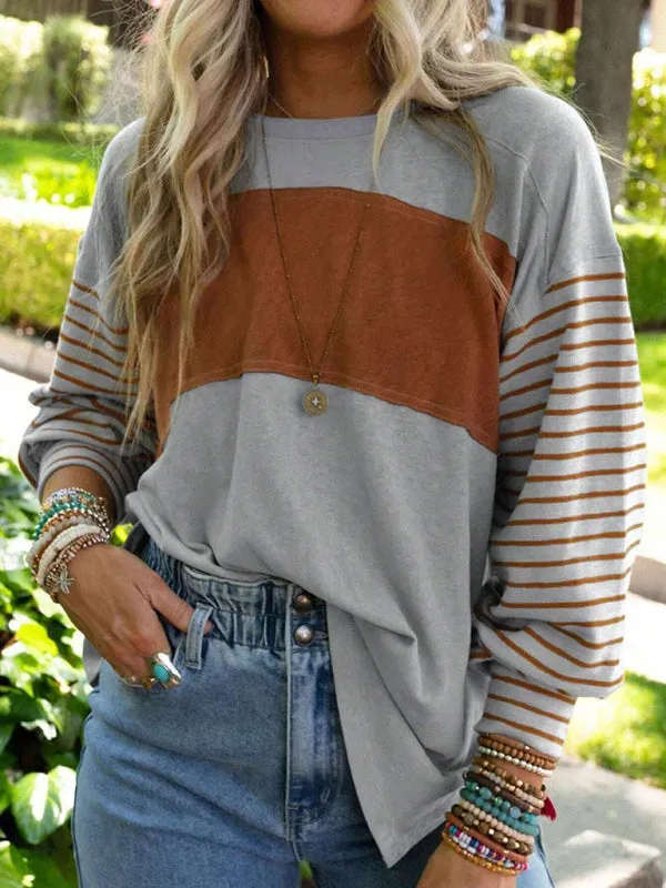 Calliope Pullover Round Neck Casual Striped Contrast Long-Sleeved T-Shirt