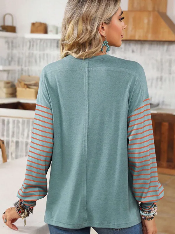 Calliope Pullover Round Neck Casual Striped Contrast Long-Sleeved T-Shirt