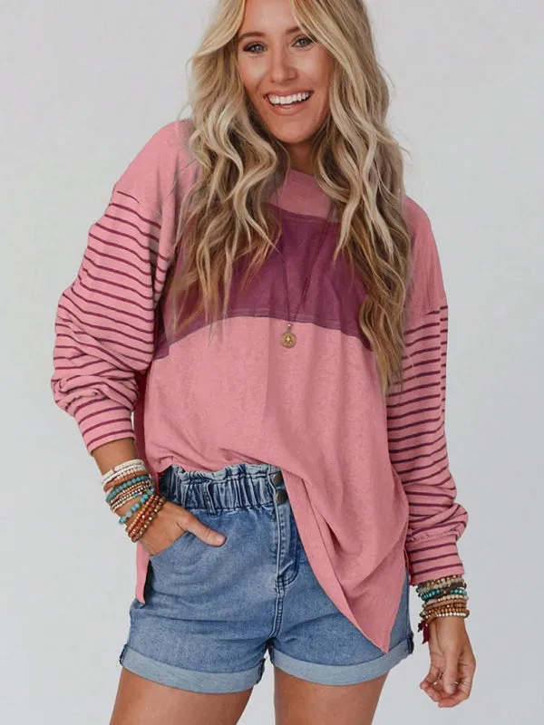 Calliope Pullover Round Neck Casual Striped Contrast Long-Sleeved T-Shirt