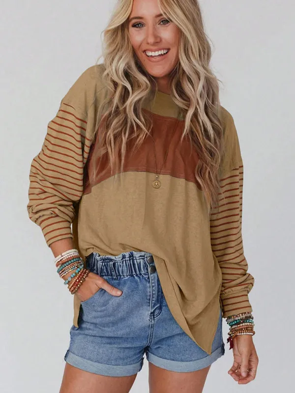 Calliope Pullover Round Neck Casual Striped Contrast Long-Sleeved T-Shirt