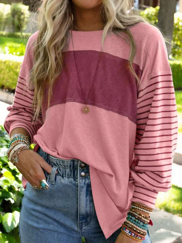 Calliope Pullover Round Neck Casual Striped Contrast Long-Sleeved T-Shirt