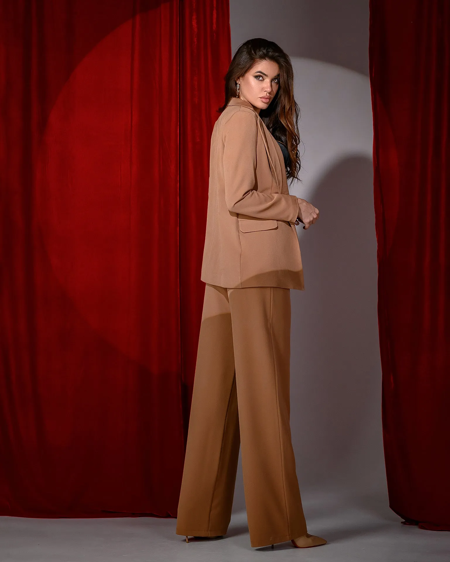 Camel Belted Wide-Leg Suit 2-Piece