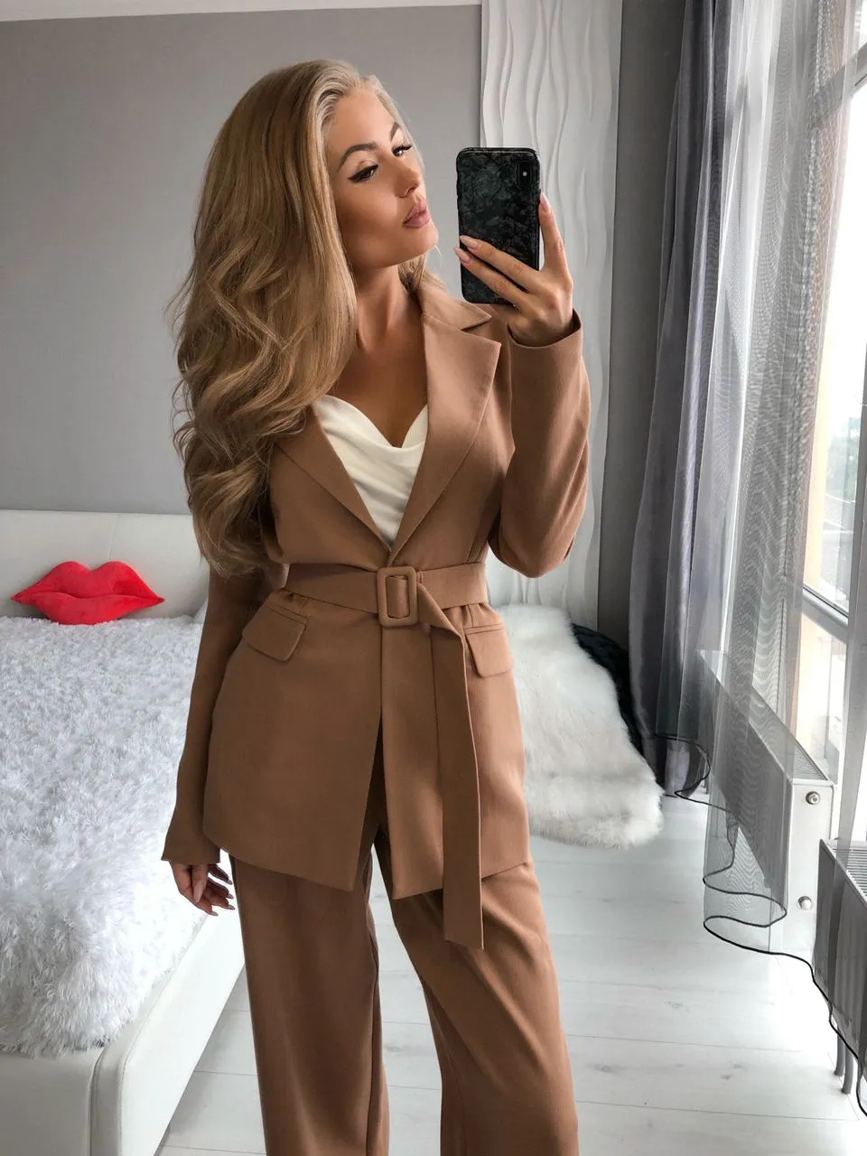 Camel Belted Wide-Leg Suit 2-Piece