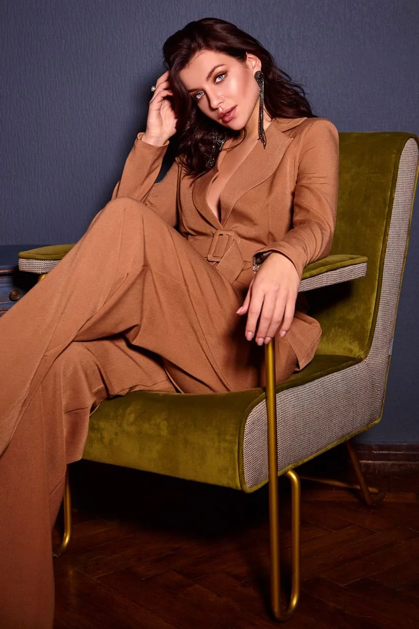 Camel Belted Wide-Leg Suit 2-Piece