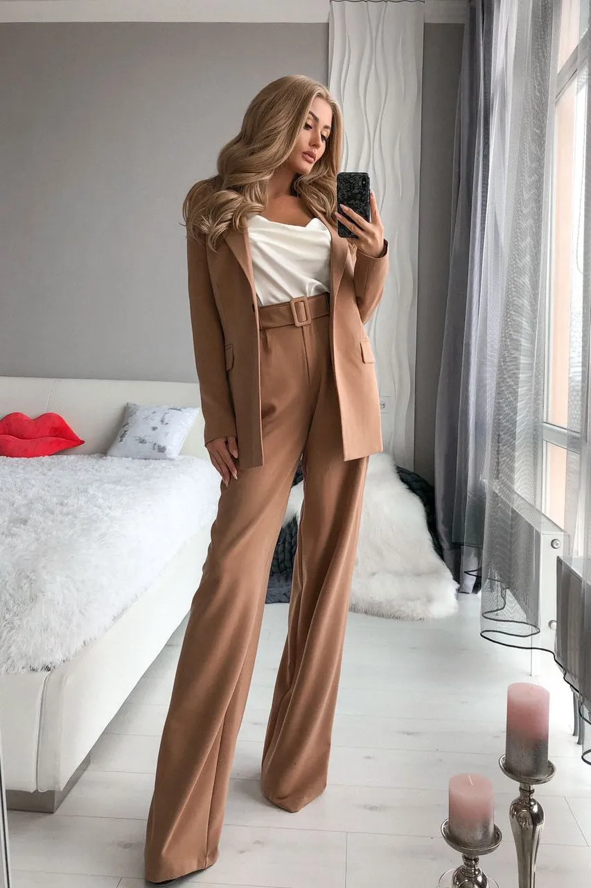 Camel Belted Wide-Leg Suit 2-Piece