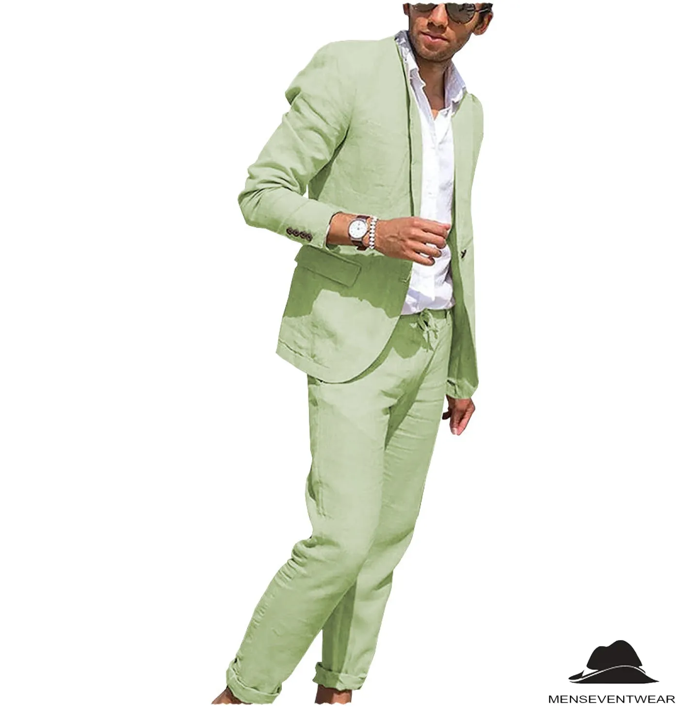 Casual 2 Pieces Mens Suit Flat Linen Notch Lapel Suit (Blazer   Pants)