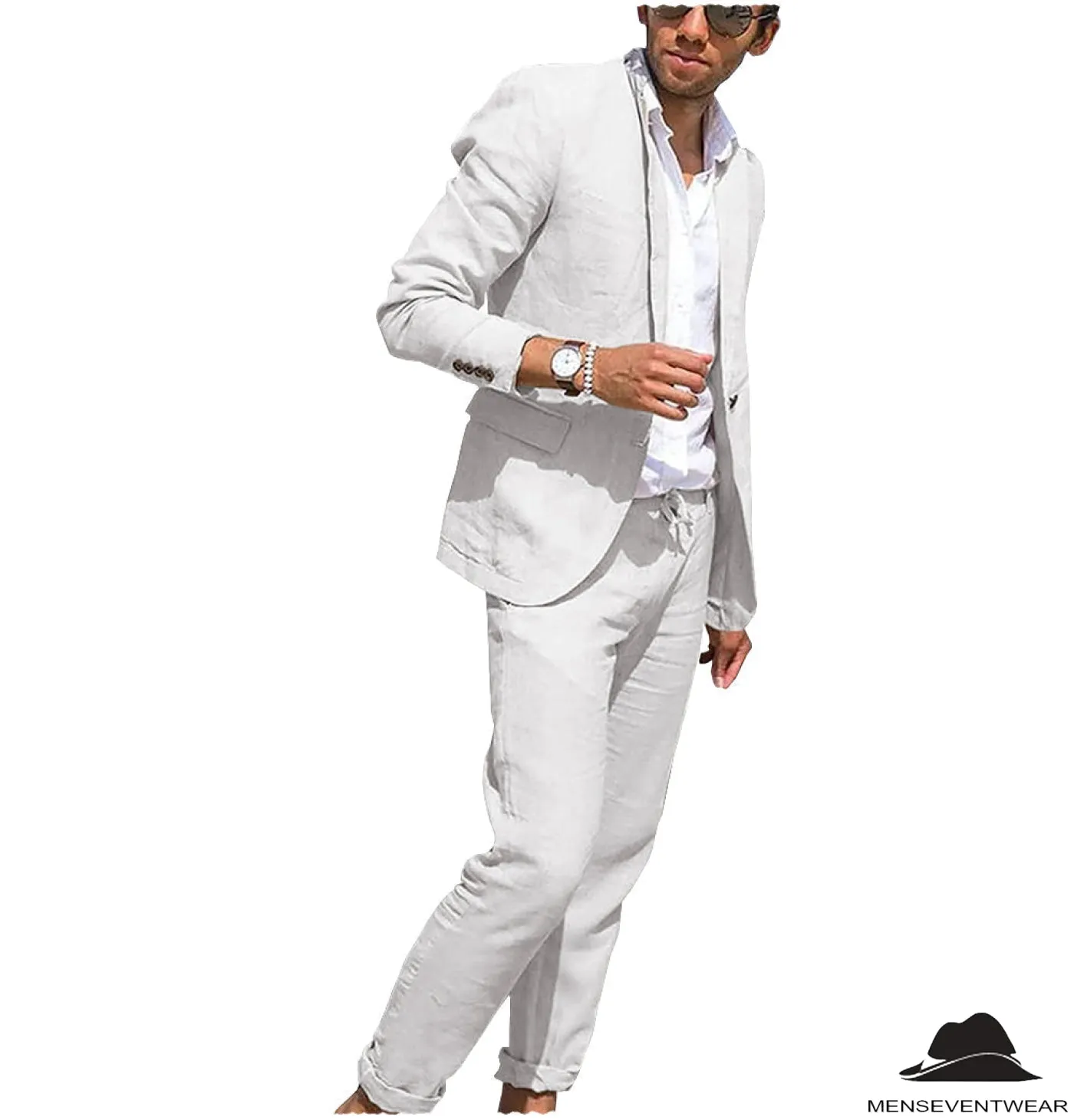 Casual 2 Pieces Mens Suit Flat Linen Notch Lapel Suit (Blazer   Pants)