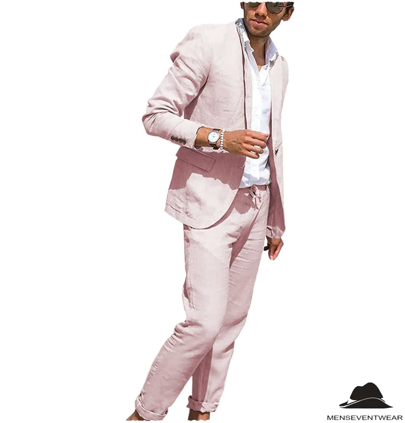 Casual 2 Pieces Mens Suit Flat Linen Notch Lapel Suit (Blazer   Pants)