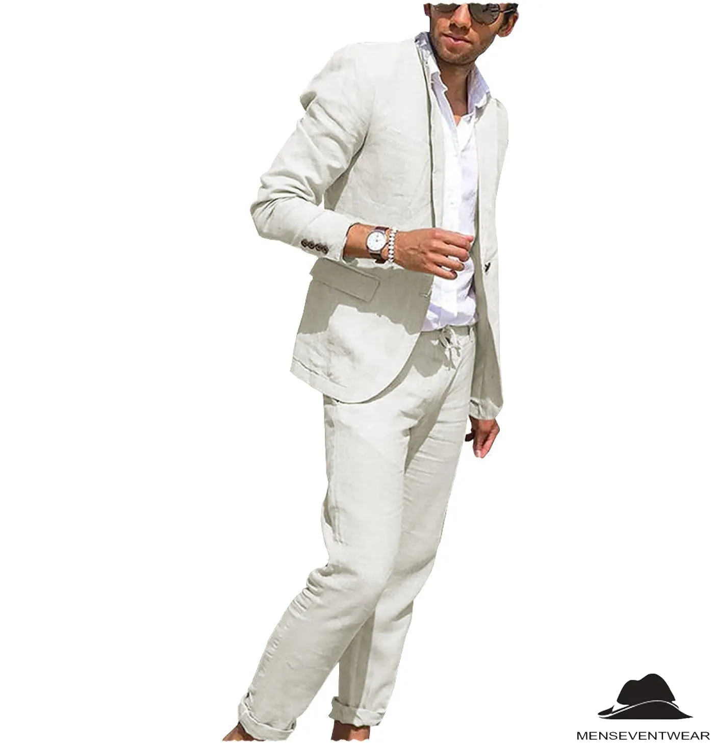 Casual 2 Pieces Mens Suit Flat Linen Notch Lapel Suit (Blazer   Pants)