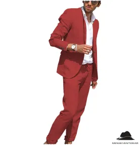 Casual 2 Pieces Mens Suit Flat Linen Notch Lapel Suit (Blazer   Pants)