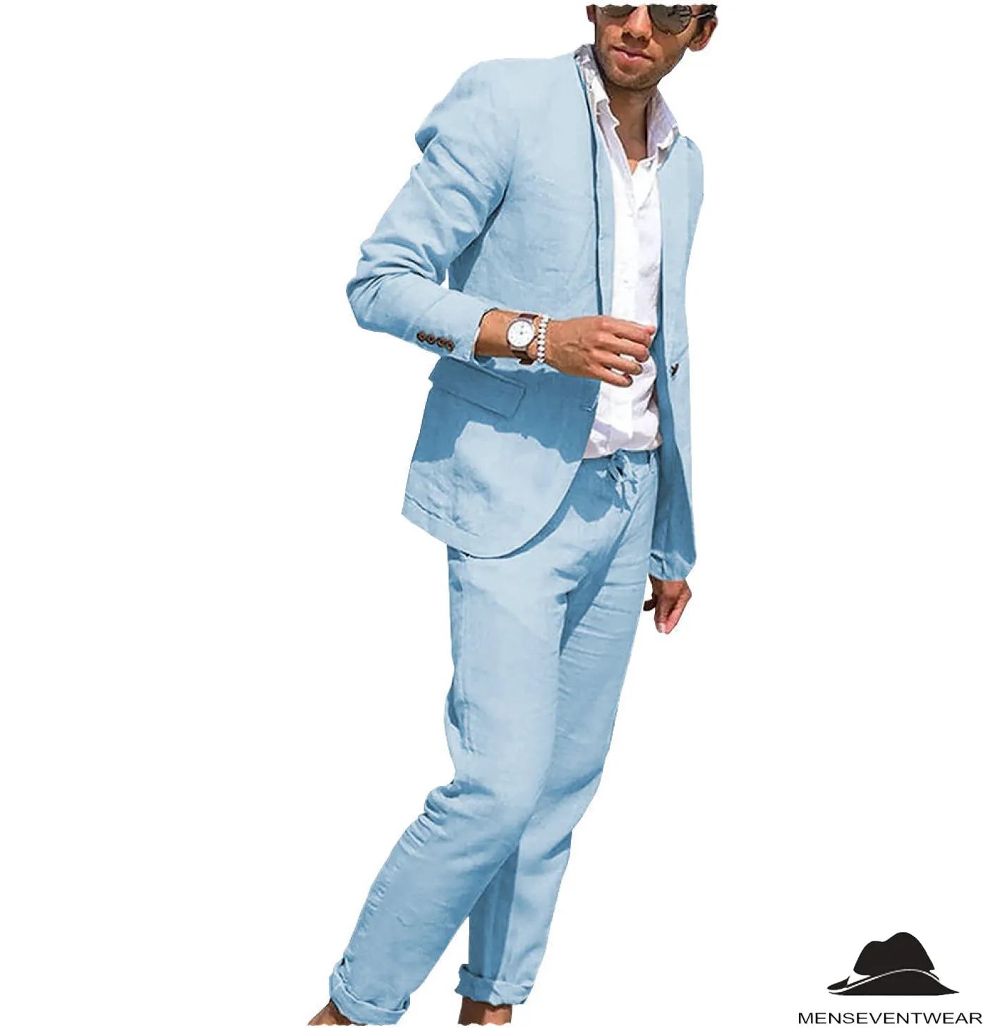 Casual 2 Pieces Mens Suit Flat Linen Notch Lapel Suit (Blazer   Pants)