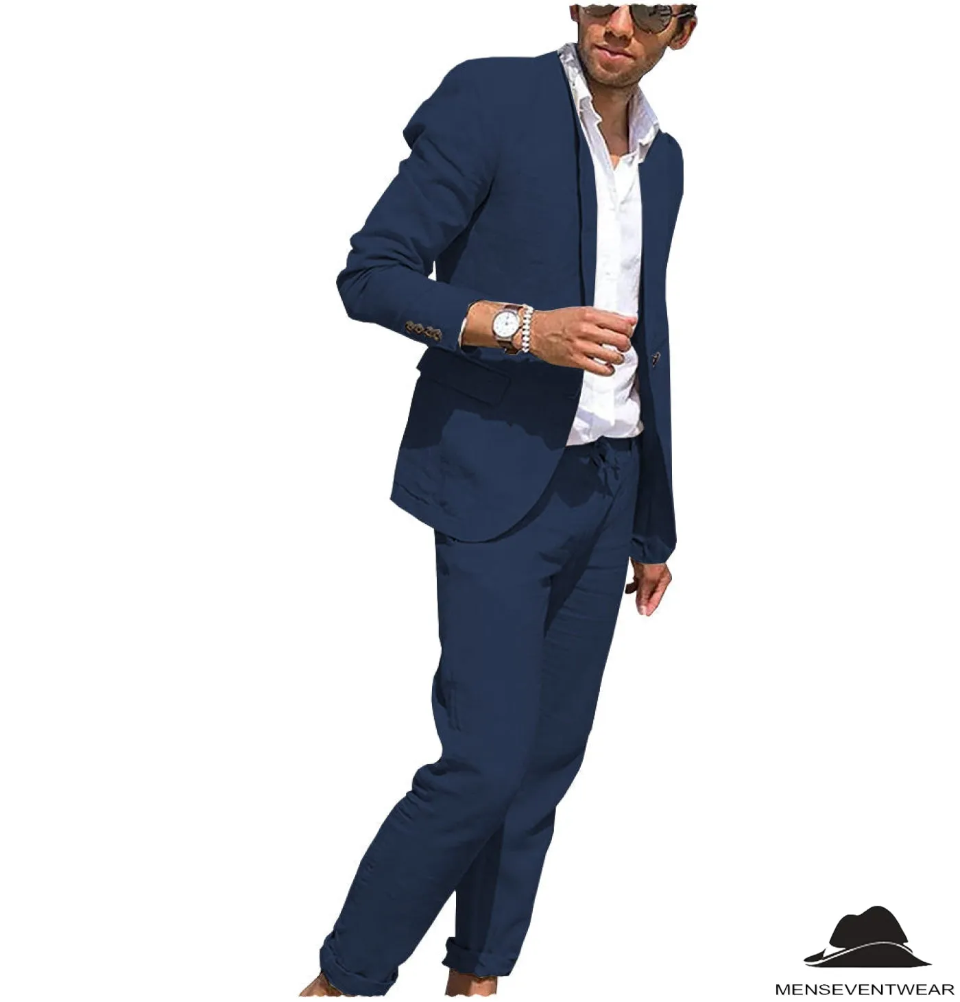 Casual 2 Pieces Mens Suit Flat Linen Notch Lapel Suit (Blazer   Pants)