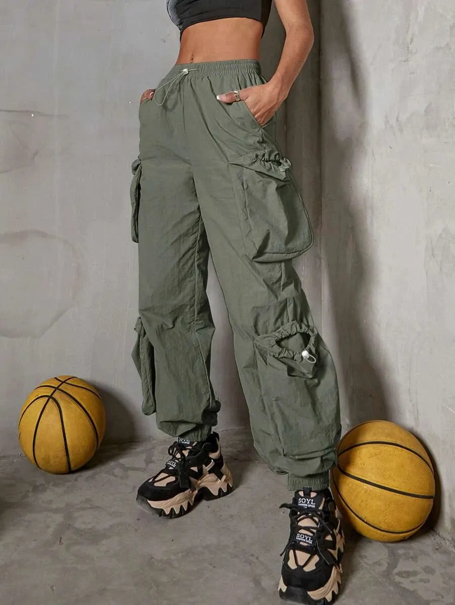 Casual Drawstring Waist Flap Side Pocket Cargo Pants