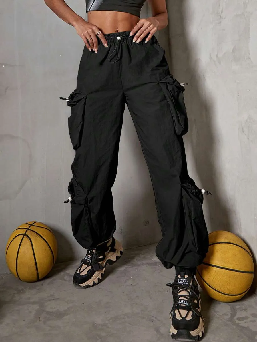 Casual Drawstring Waist Flap Side Pocket Cargo Pants