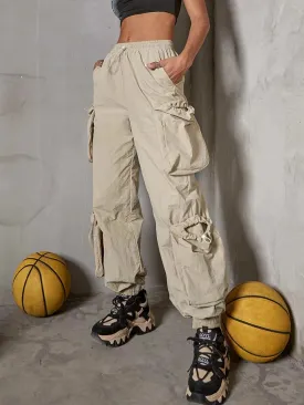 Casual Drawstring Waist Flap Side Pocket Cargo Pants