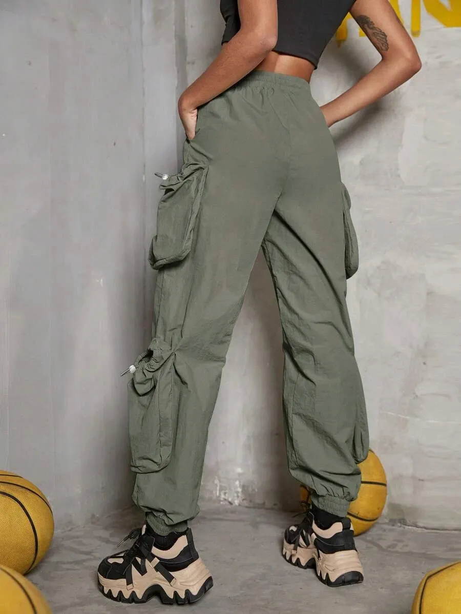 Casual Drawstring Waist Flap Side Pocket Cargo Pants