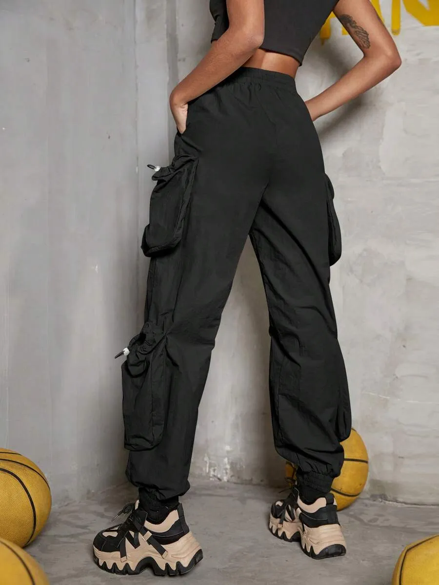 Casual Drawstring Waist Flap Side Pocket Cargo Pants
