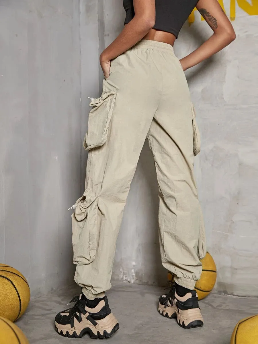 Casual Drawstring Waist Flap Side Pocket Cargo Pants
