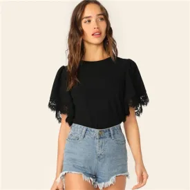 Casual Lace Trim Black Blouse