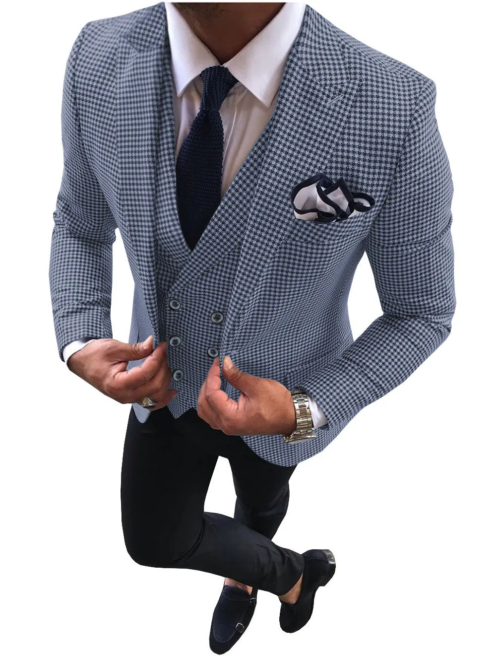 Casual Men's 3 Pieces Houndstooth Peak Lapel Tuxedos (Blazer vest Pants)