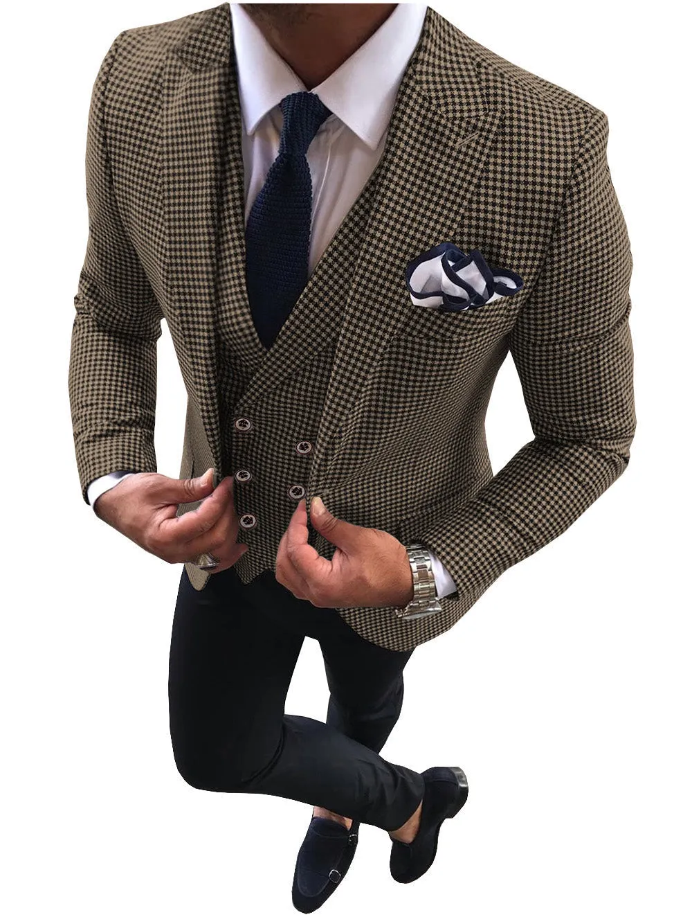 Casual Men's 3 Pieces Houndstooth Peak Lapel Tuxedos (Blazer vest Pants)
