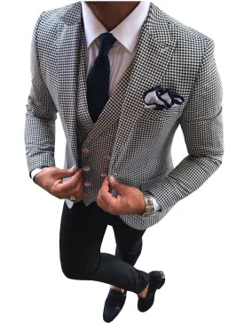 Casual Men's 3 Pieces Houndstooth Peak Lapel Tuxedos (Blazer vest Pants)