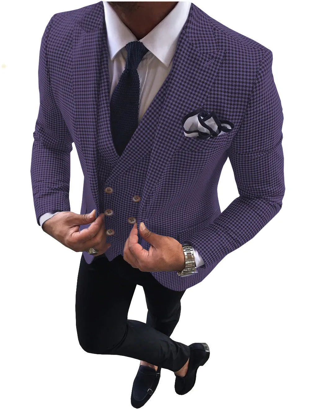 Casual Men's 3 Pieces Houndstooth Peak Lapel Tuxedos (Blazer vest Pants)