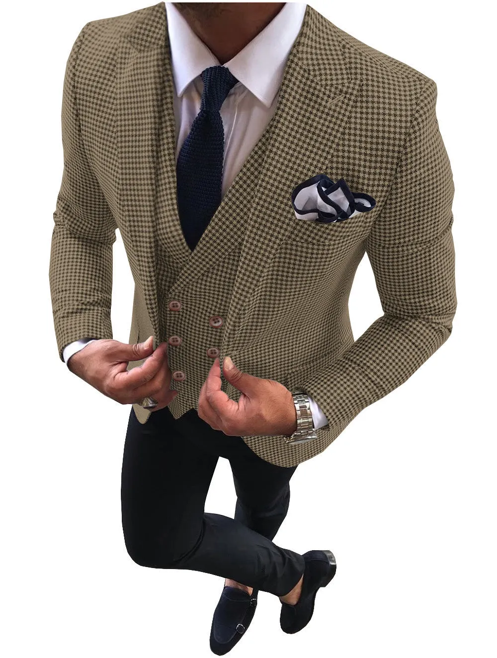 Casual Men's 3 Pieces Houndstooth Peak Lapel Tuxedos (Blazer vest Pants)