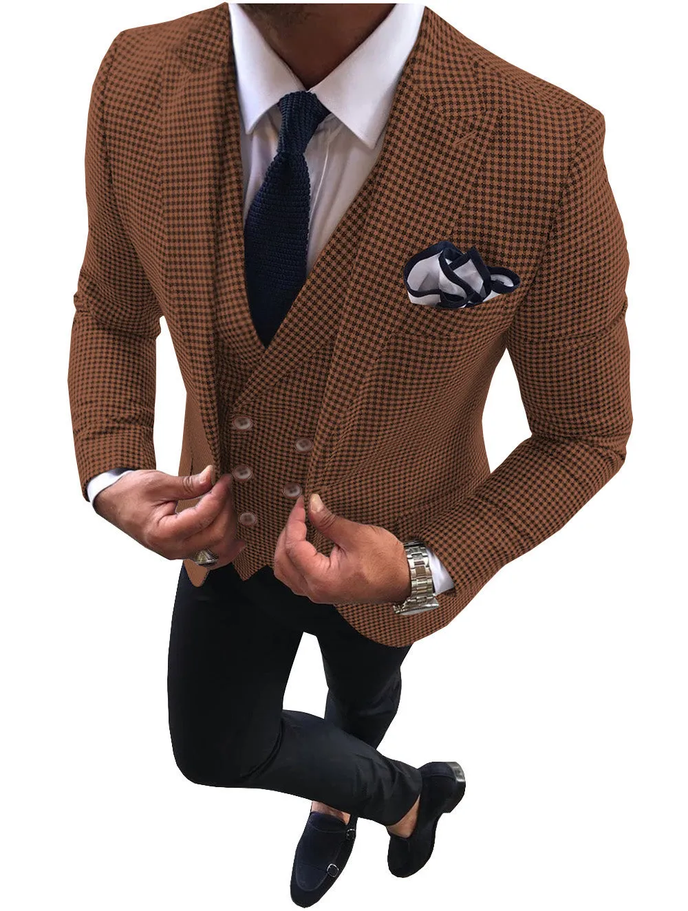 Casual Men's 3 Pieces Houndstooth Peak Lapel Tuxedos (Blazer vest Pants)