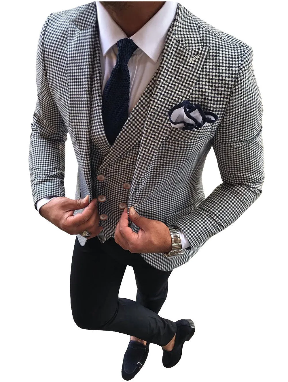 Casual Men's 3 Pieces Houndstooth Peak Lapel Tuxedos (Blazer vest Pants)