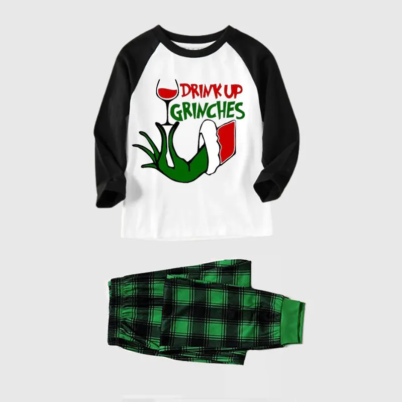 Christmas Cute Cartoon Wine Glass and 'Drink Up' Letter Print Casual Long Sleeve Sweatshirts Black Contrast Top and Black and Green Plaid Pants Family Matching Pajamas Sets