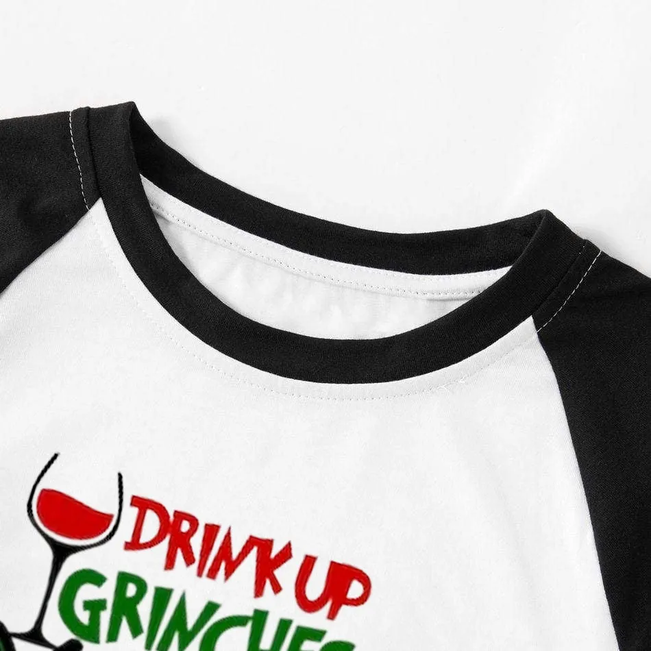 Christmas Cute Cartoon Wine Glass and 'Drink Up' Letter Print Casual Long Sleeve Sweatshirts Black Contrast Top and Black and Green Plaid Pants Family Matching Pajamas Sets