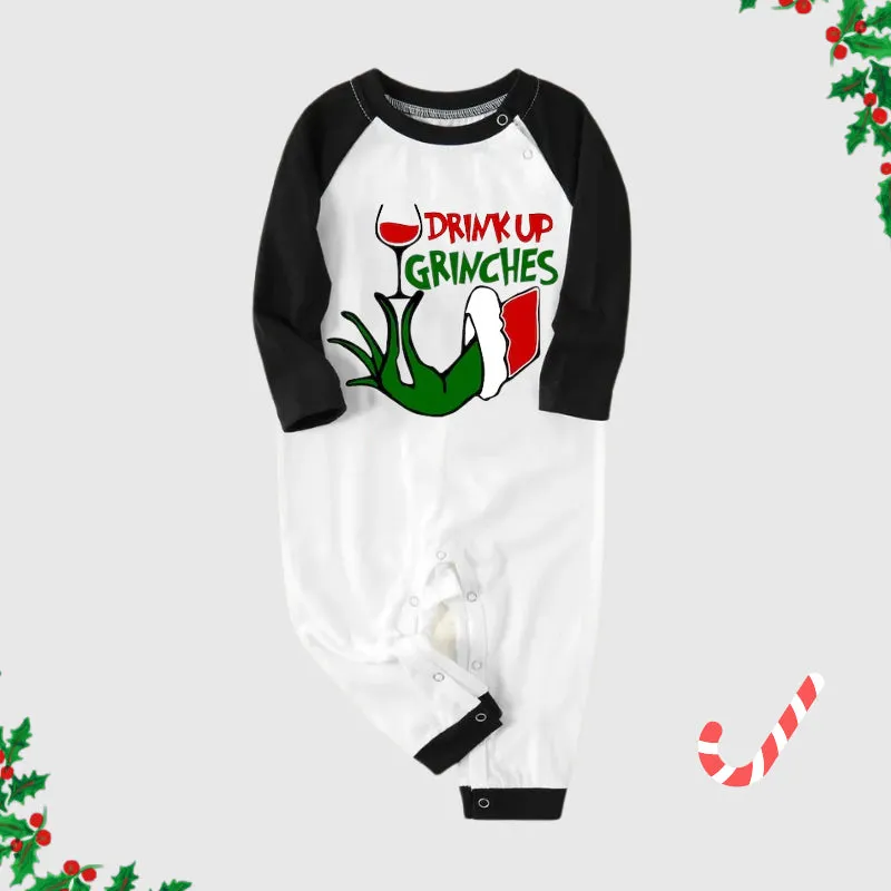 Christmas Cute Cartoon Wine Glass and 'Drink Up' Letter Print Casual Long Sleeve Sweatshirts Black Contrast Top and Black and Green Plaid Pants Family Matching Pajamas Sets