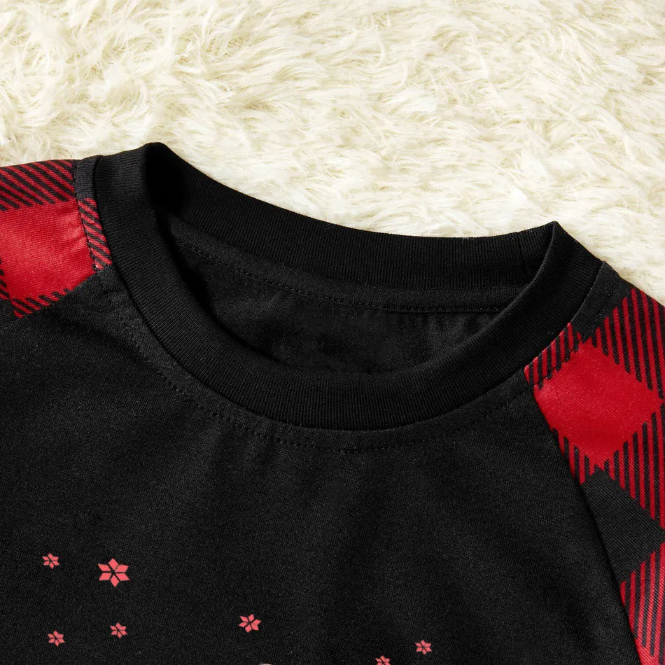 Christmas Family Christmas 2024 Letter Print Patterned Contrast Black top and Black & Red Plaid Pants Family Matching Pajamas Set