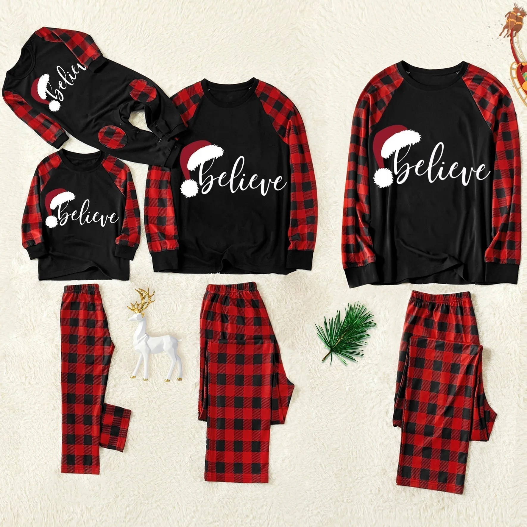 Christmas Family Christmas 2024 Letter Print Patterned Contrast Black top and Black & Red Plaid Pants Family Matching Pajamas Set