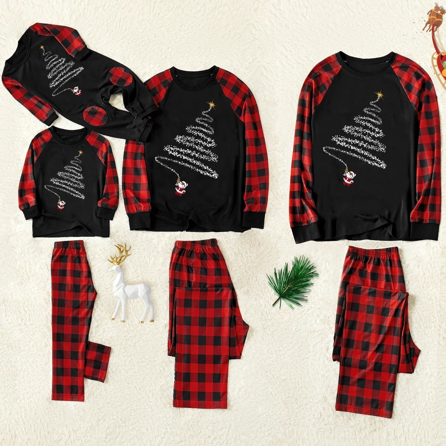 Christmas Family Christmas 2024 Letter Print Patterned Contrast Black top and Black & Red Plaid Pants Family Matching Pajamas Set