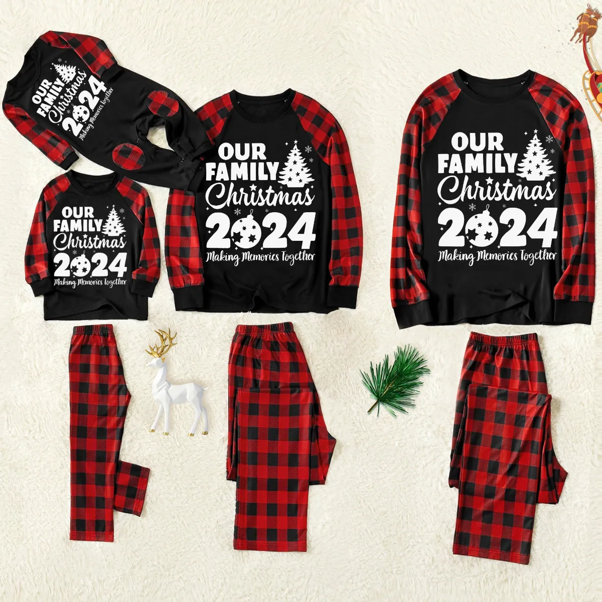 Christmas Family Christmas 2024 Letter Print Patterned Contrast Black top and Black & Red Plaid Pants Family Matching Pajamas Set