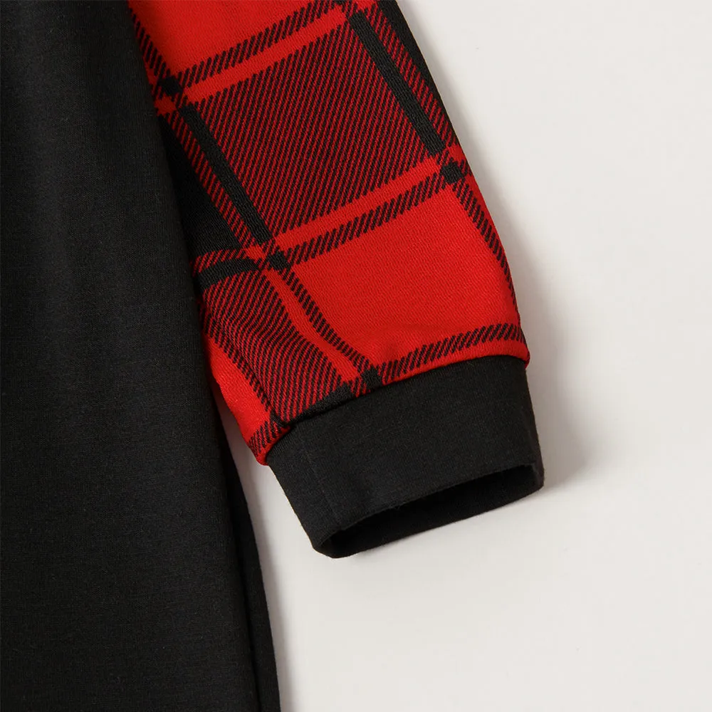 Christmas Family Christmas 2024 Letter Print Patterned Contrast Black top and Black & Red Plaid Pants Family Matching Pajamas Set