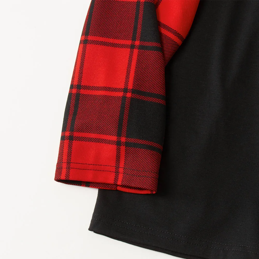Christmas Family Christmas 2024 Letter Print Patterned Contrast Black top and Black & Red Plaid Pants Family Matching Pajamas Set