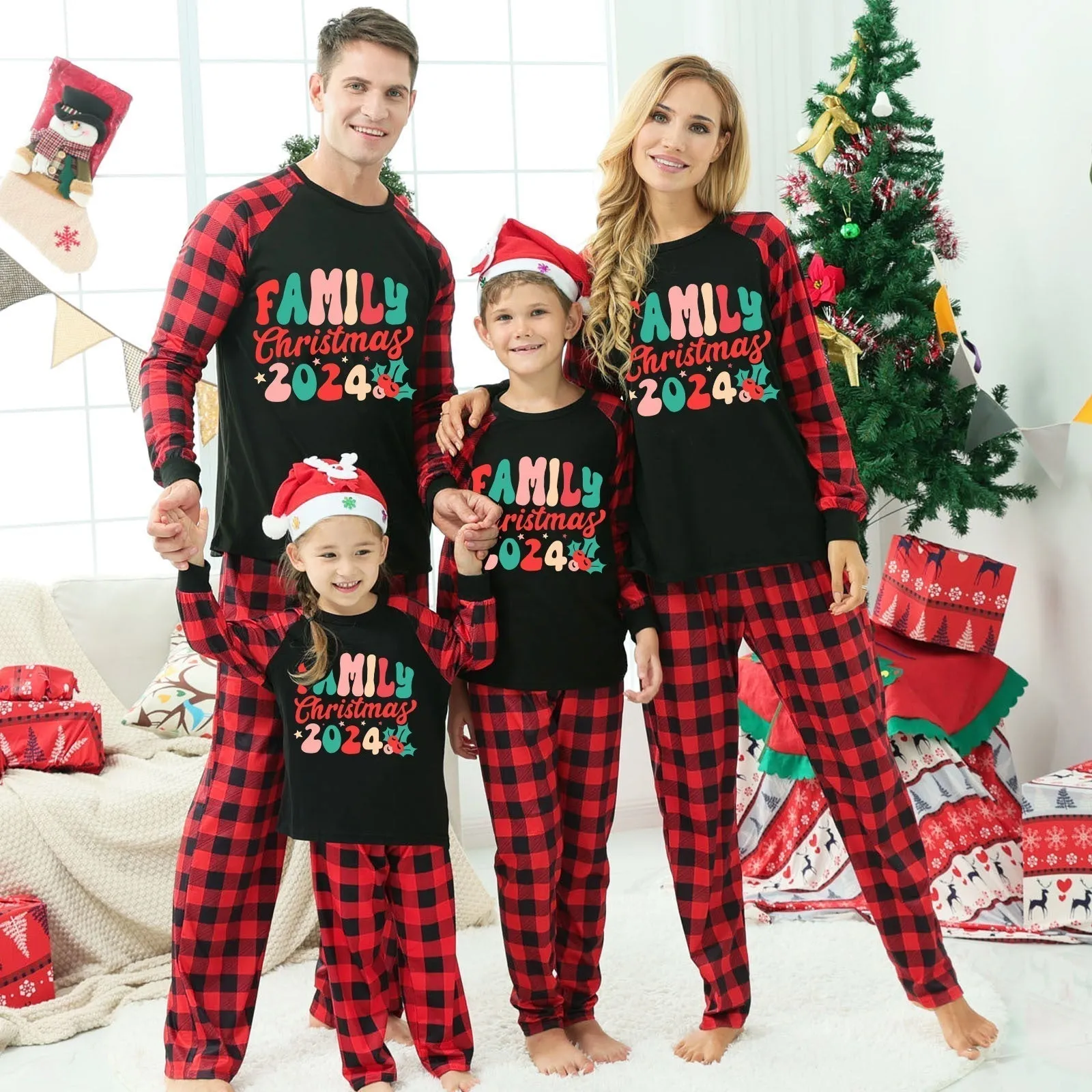Christmas Family Christmas 2024 Letter Print Patterned Contrast Black top and Black & Red Plaid Pants Family Matching Pajamas Set