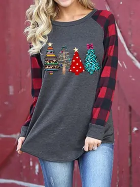 Christmas Print Plaid Sleeve T-shirt