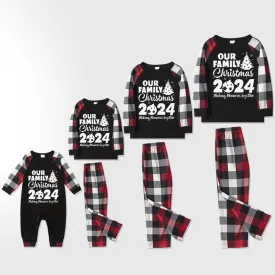 Christmas Tree & "2024 Making Memories Together" Patterned Plaid Sleeve Contrast Tops and Red & Black & White Plaid Pants Family Matching Pajamas Set With Dog Bandana