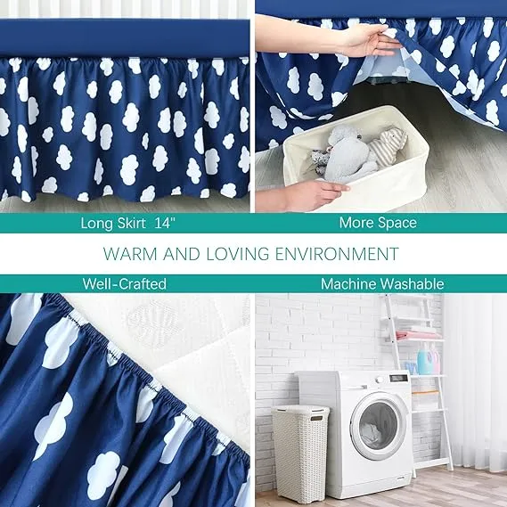 Crib Skirt - Dust Ruffle, Elastic Adjustable Fit, Easy On/Off, 14" Drop, Navy Cloud (for Standard Crib/ Toddler Bed)
