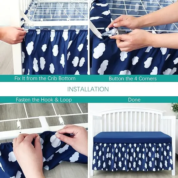 Crib Skirt - Dust Ruffle, Elastic Adjustable Fit, Easy On/Off, 14" Drop, Navy Cloud (for Standard Crib/ Toddler Bed)