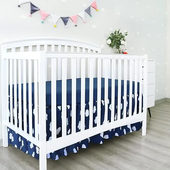 Crib Skirt - Dust Ruffle, Elastic Adjustable Fit, Easy On/Off, 14" Drop, Navy Cloud (for Standard Crib/ Toddler Bed)