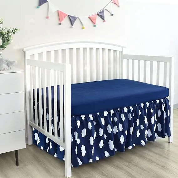 Crib Skirt - Dust Ruffle, Elastic Adjustable Fit, Easy On/Off, 14" Drop, Navy Cloud (for Standard Crib/ Toddler Bed)