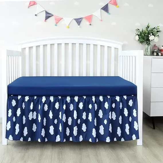 Crib Skirt - Dust Ruffle, Elastic Adjustable Fit, Easy On/Off, 14" Drop, Navy Cloud (for Standard Crib/ Toddler Bed)