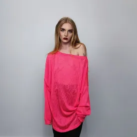 Deep V-neck sheer top revealing transparent sweatshirt cut out neck long sleeve see-through t-shirt rocker jumper edgy baggy tee in pink