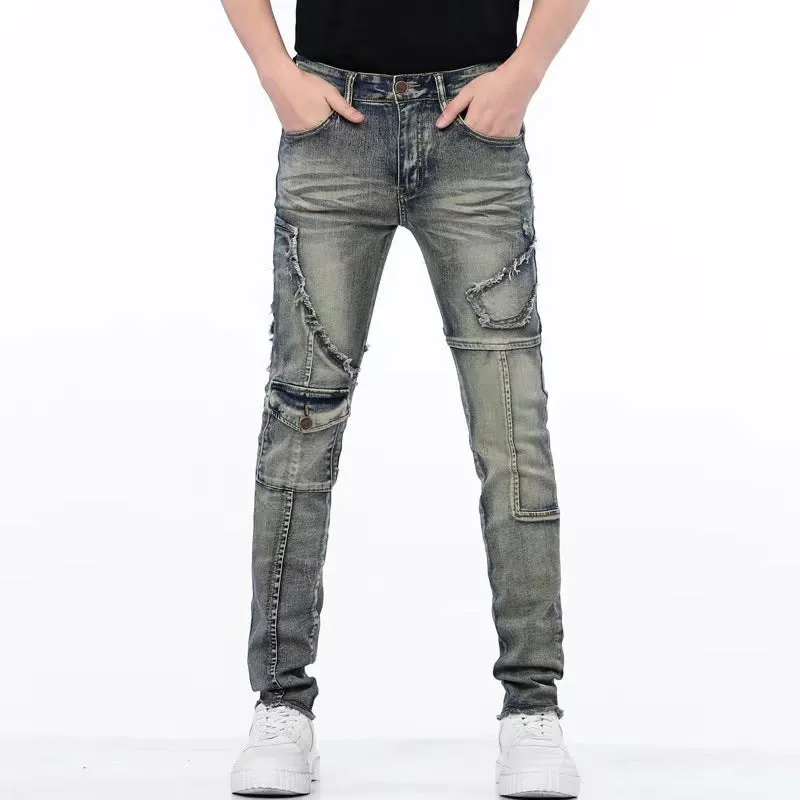 Distressed Raw Hem Ripped Stitching Stretch Denim Trousers